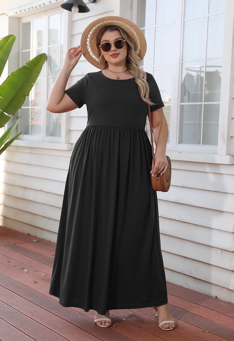 Nemidor Plus Size Maxi Dresses for Curvy Women Summer Casual Loose Short Sleeve Long Beach Dress with Pocket(149,14,Black) - Image 4